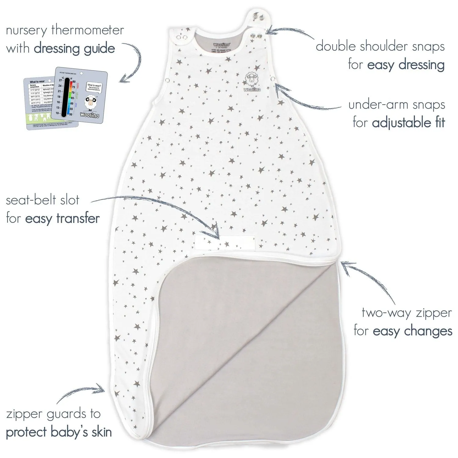 4 Season Ultimate Baby Sleep Bag, Merino Wool & Organic Cotton, 2 Months - 2 Years, Star Gray