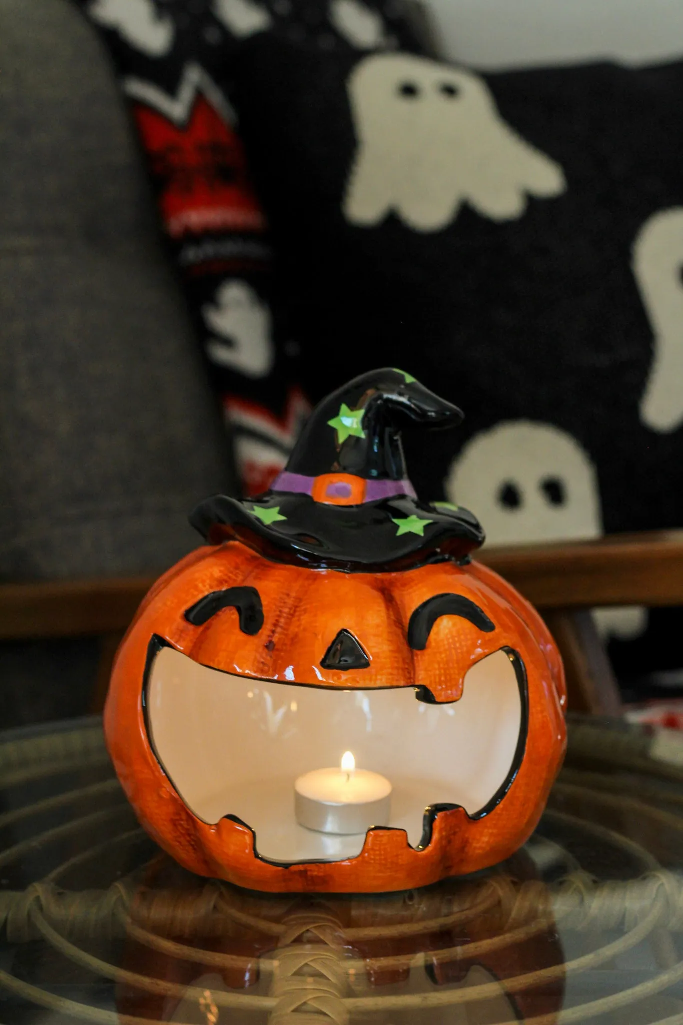 Large Witch Hat Jack O'Lantern Ceramic Candle Holder