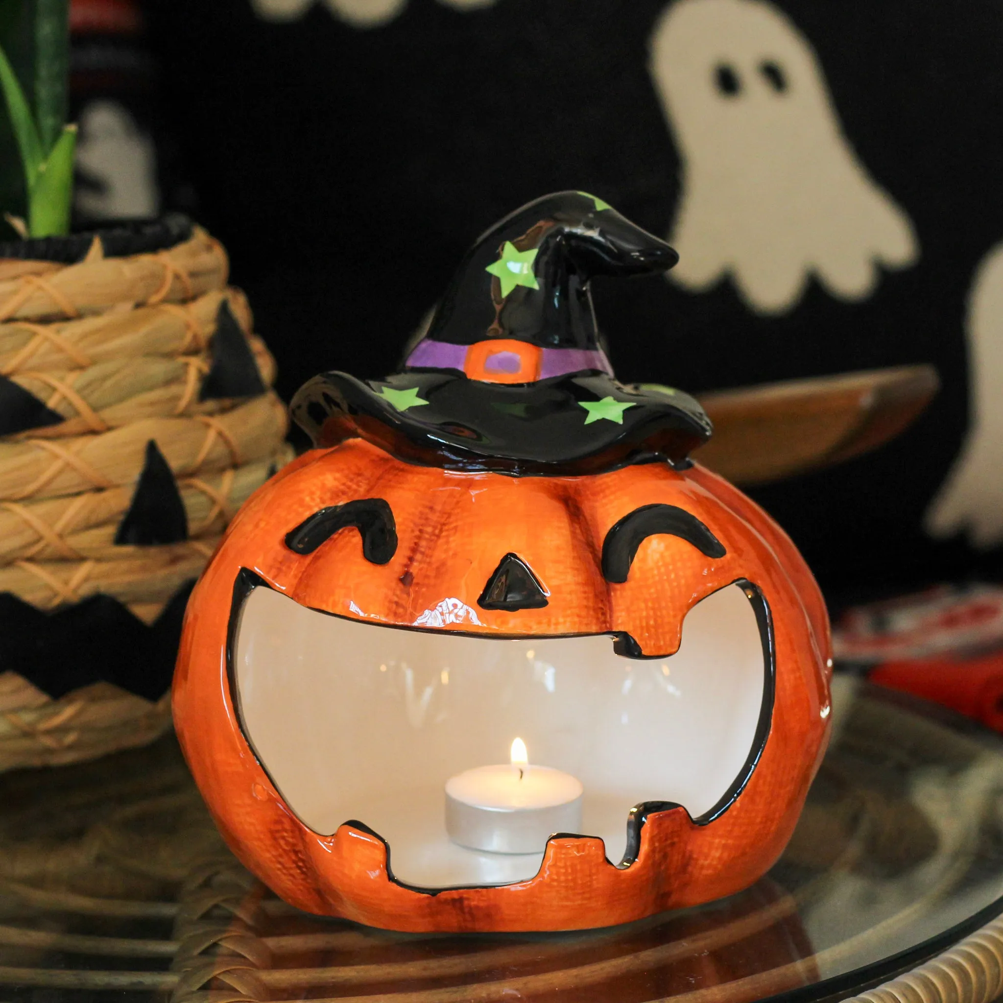 Large Witch Hat Jack O'Lantern Ceramic Candle Holder